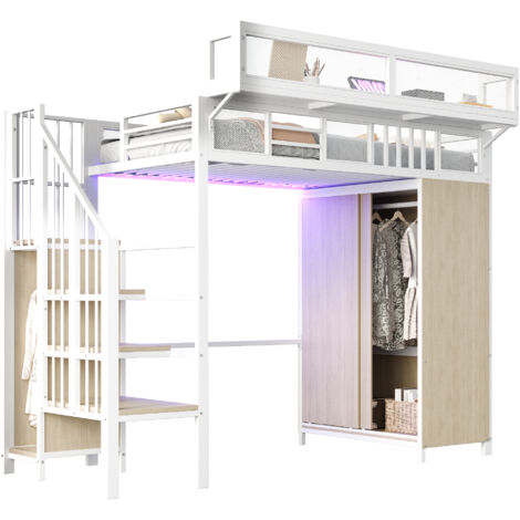 Lit mezzanine métal et bois blanc 90x200 cm avec penderie, échelle rangement, LED et barrières, sommier à lattes inclus