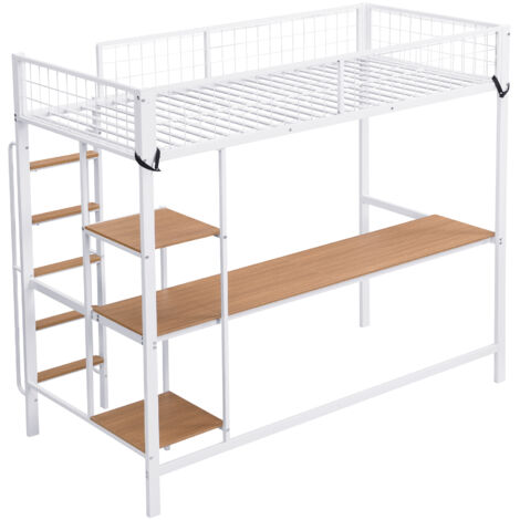 Lit mezzanine métal et bois blanc + naturel 90x200 cm avec bureau et étagères, échelle 5 marches, barrières