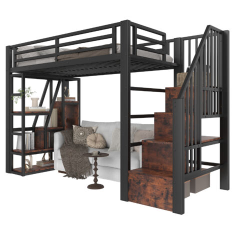 Lit mezzanine métal et MDF noir 90x200 cm avec étagères, marches de rangement, garde-corps et LED