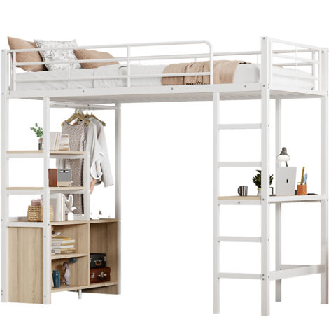 Lit mezzanine métal/MDF blanc 90x200 cm avec bureau, prises + USB, étagères et rangements