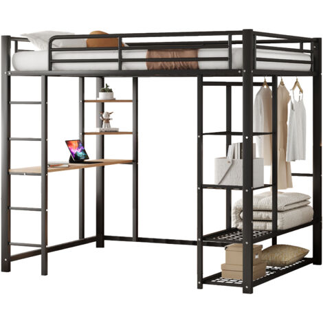 Lit mezzanine métal noir 140x200 cm avec échelle, bureau MDF et rangement penderie, sommier à lattes inclus
