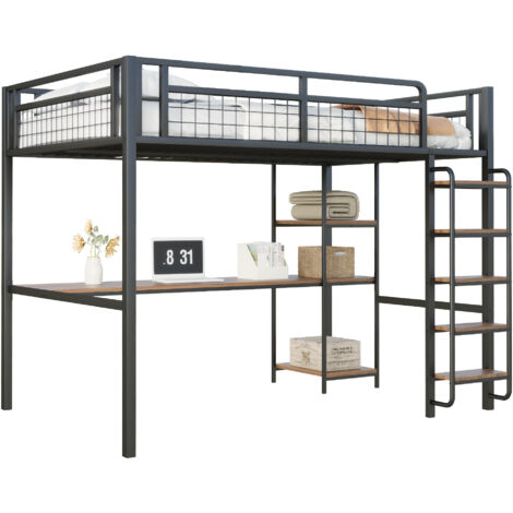 Lit mezzanine métal noir 140x200 cm avec échelle sécurisée, bureau et étagères, sommier à lattes inclus