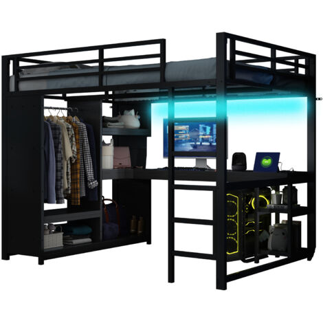 Lit mezzanine métal noir 140x200 cm avec LED, bureau, dressing ouvert et étagères, sommier à lattes inclus