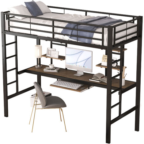 Lit mezzanine métal noir 90x200 cm avec bureau et 2 étagères, sommier à lattes inclus