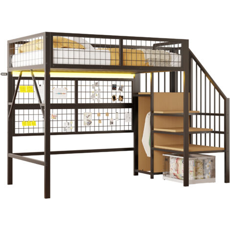 Lit mezzanine métal noir 90x200 cm avec escalier rangement, placard ouvert et LED contrôlable par appli