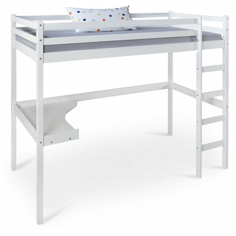 Lit mezzanine multifonctionnel pour enfant en bois blanc avec bureau sommier à lattes et échelle 90 x 200 cm LIT06235