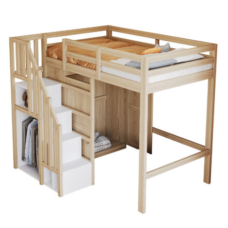 Lit mezzanine Natural 90x200 cm Lit enfant  avec échelle rangement sécurisée et placard intégré - Structure bois massif - Natural