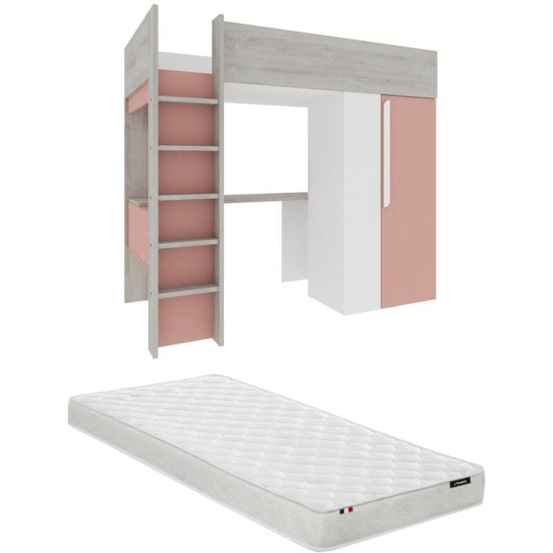 Vente-unique - Lit mezzanine 90 x 200 cm avec armoire et bureau - Rose et blanc + matelas - nicolas