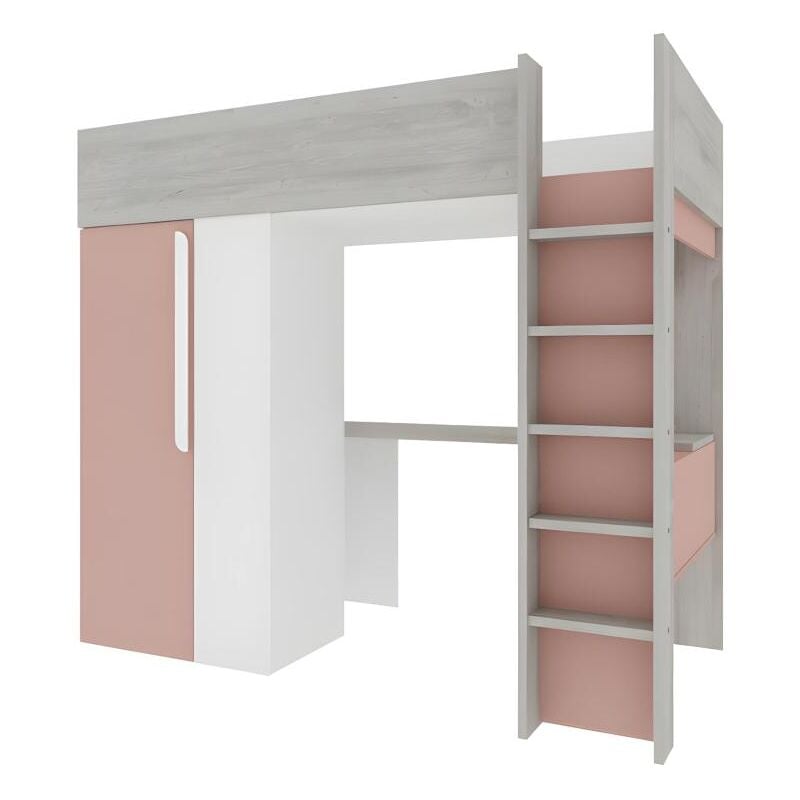 Vente-unique - Lit mezzanine 90 x 200 cm avec armoire et bureau - Rose et blanc - nicolas
