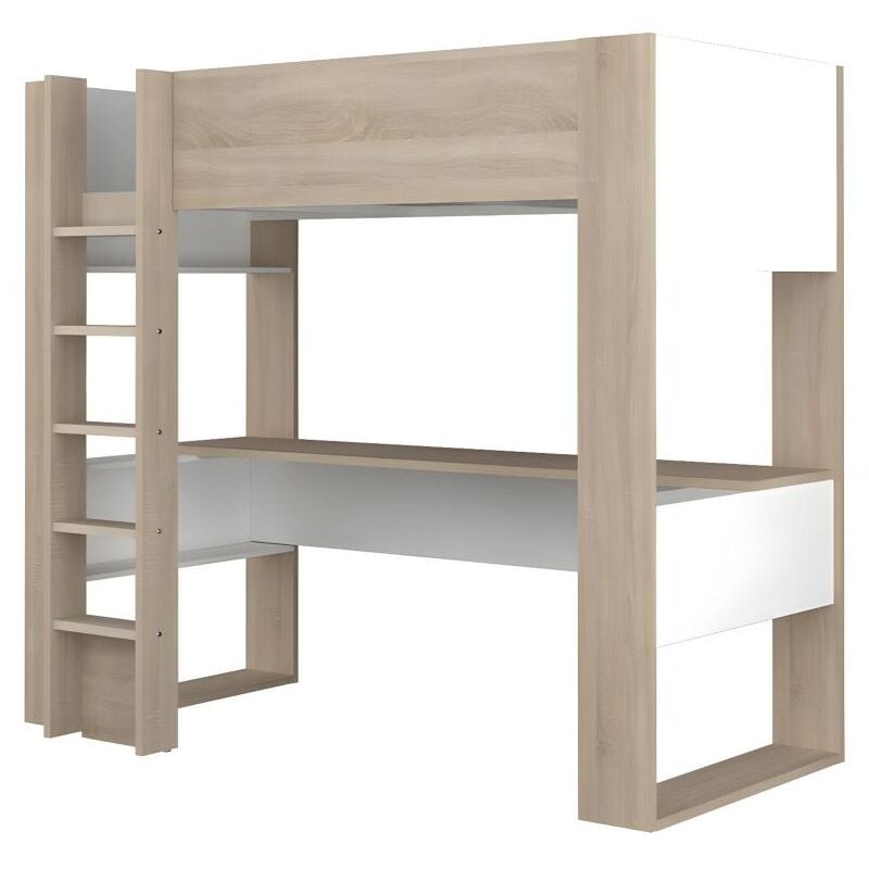 Vente-unique - Lit mezzanine avec bureau et rangements intégrés - 90 x 200 cm - Chêne et blanc - noah ii