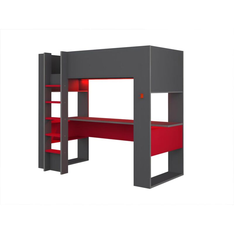 Lit mezzanine gamer noah avec bureau et rangements intégrés - 90 x 200 cm - Avec LEDs - Anthracite et rouge
