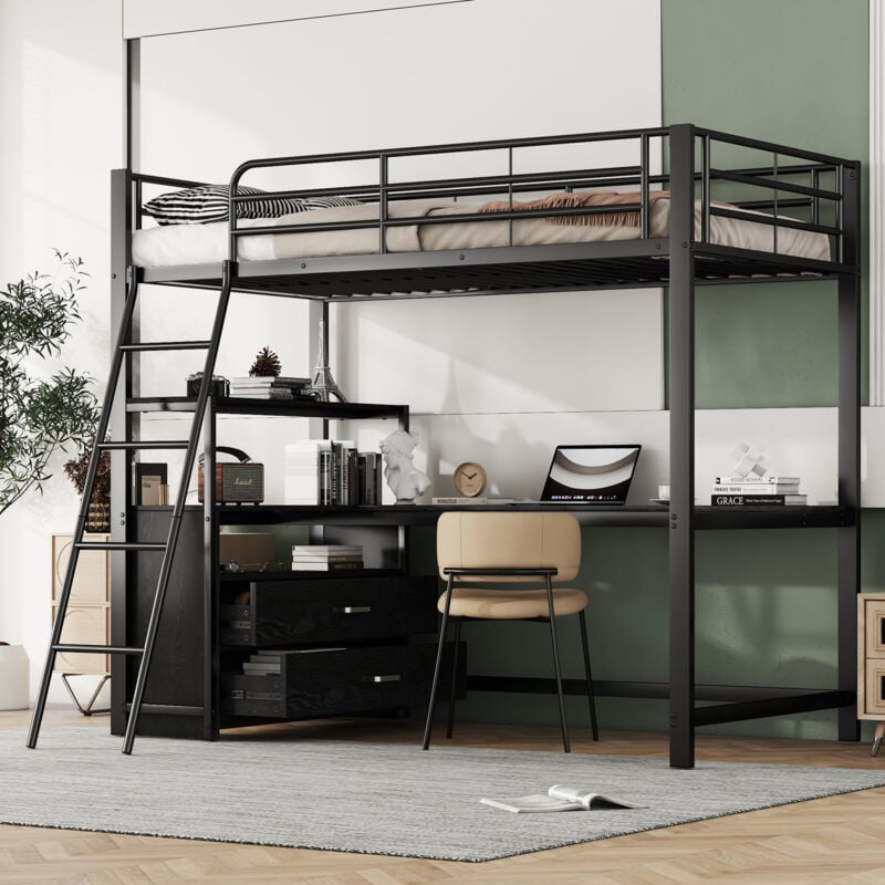 Lit mezzanine noir 90x200cm sans matelas, métal + MDF, lit enfant avec bureau et tiroirs, avec étagères, lit simple