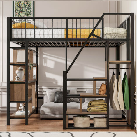 Lit mezzanine polyvalent 140 x 200 cm, lit en métal avec espace de rangement, étagères et escalier,noir