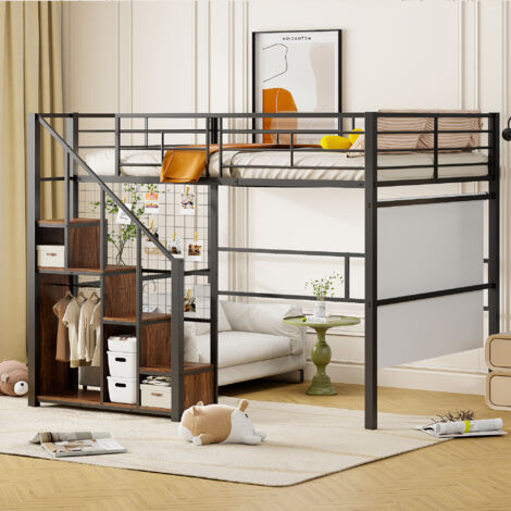 Lit mezzanine pour enfant 140x200cm - avec échelle de sécurité et rangements - Noir