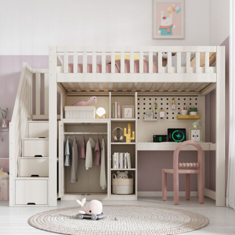 Lit mezzanine pour enfant 90 x 200 cm, avec bureau, armoire à étagères, penderie, étagères ouvertes, prises USB/USB-C, sommier à lattes, conception monobloc, matelas non inclus