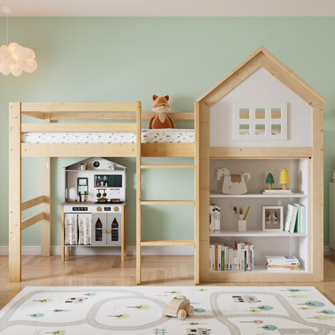 Lit mezzanine pour enfant 90 x 200 cm, avec rangements et tiroirs, échelle, barrières de sécurité, blanc + couleur bois naturel