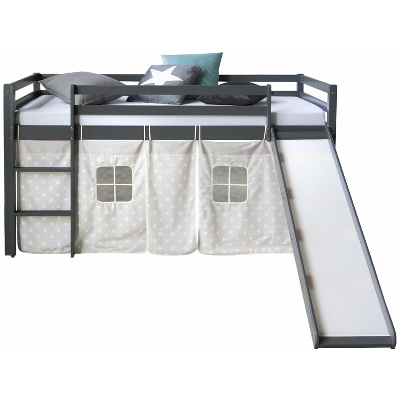 Décoshop26 - Lit mezzanine pour enfant 90x200cm avec échelle toboggan en bois gris avec tissu étoile LIT06173