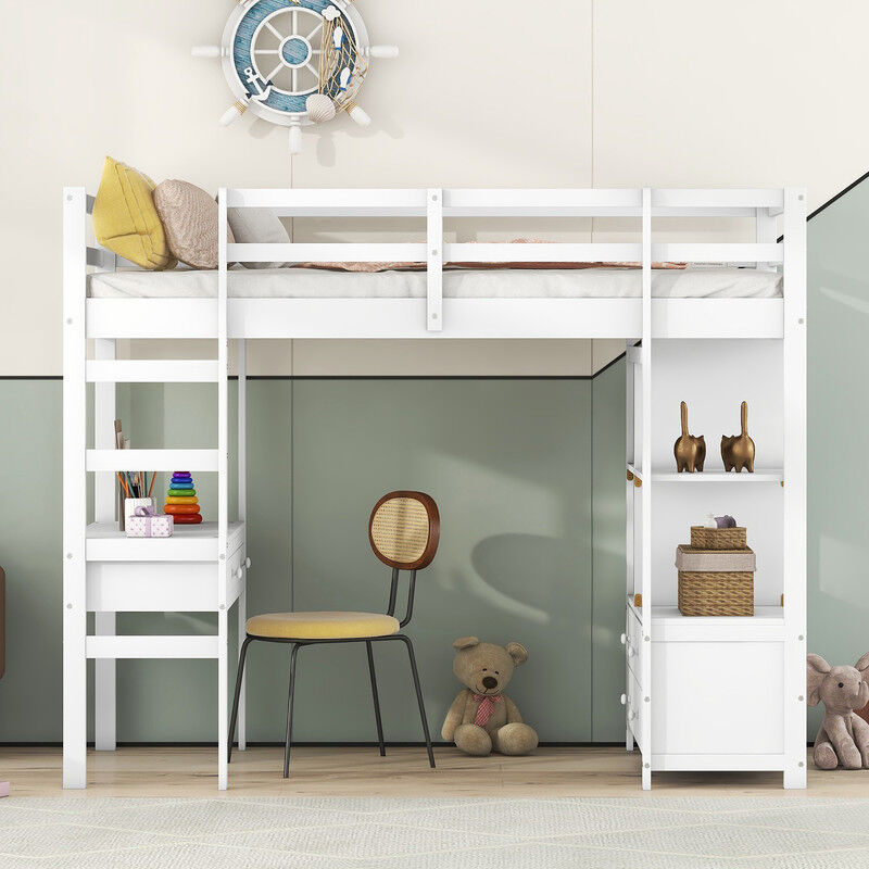 Lit mezzanine pour enfant 90 x 200 cm avec escalier, tiroir de rangement, étagères et Bureau sous lit, Lit mezzanine ado- blanc
