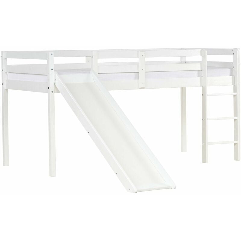 Lit mezzanine pour enfant avec sommier à lattes échelle et toboggan 90x200 cm en bois blanc LIT06233