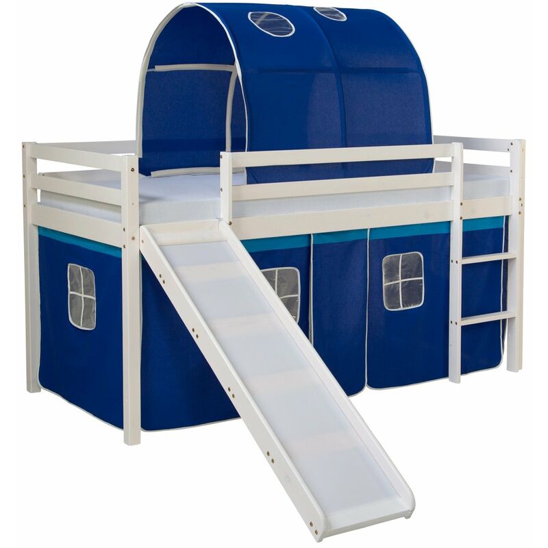 Lit mezzanine pour enfant avec sommier toboggan tunnel rideau modèle bleu 90x200 cm