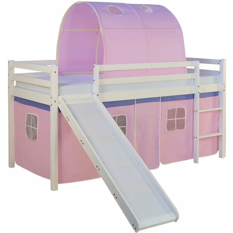 Lit mezzanine pour enfant avec sommier toboggan tunnel rideau modèle rose 90x200 cm