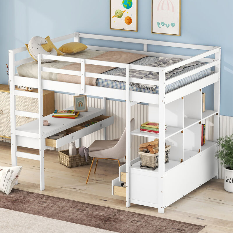 Retrok - Lit mezzanine pour enfant de 140200cm avec tiroirs de rangement et bureau sous le lit, blanc