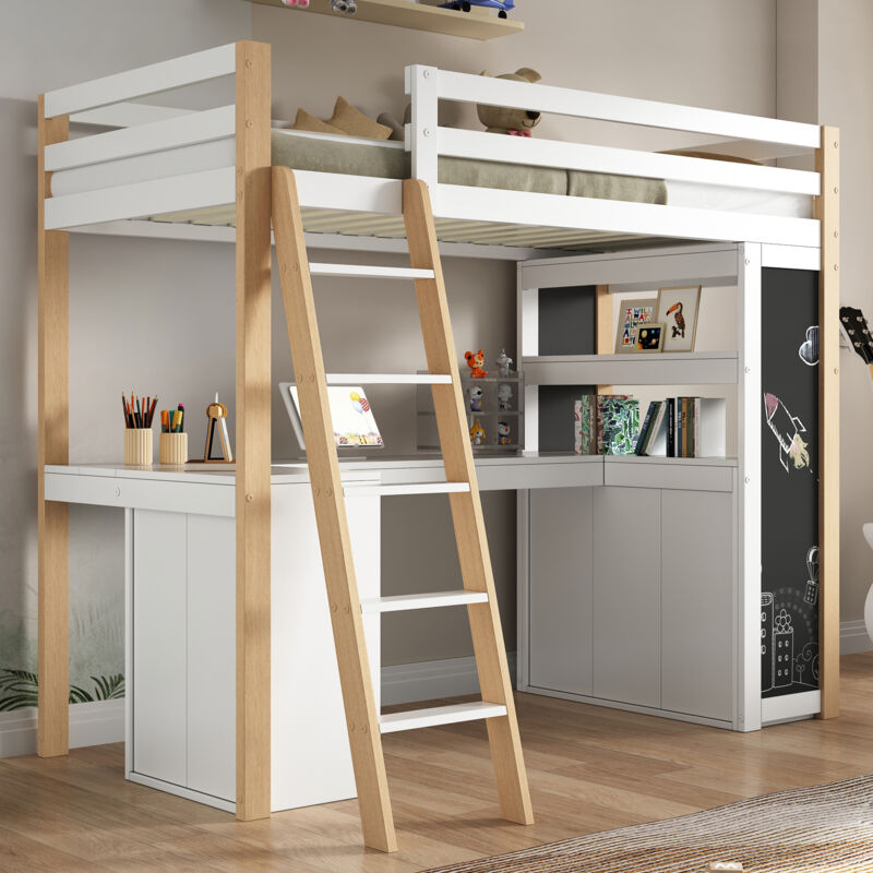 Okwish - Lit mezzanine 90 x 200 cm, lit enfant , avec échelle, bureau, compartiment de rangement, grand tiroir, tableau noir et étagère, blanc (sans