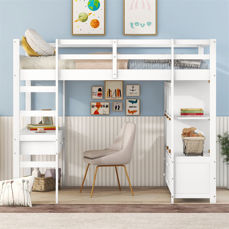 Lit mezzanine pour enfant - lit surélevé avec tiroirs de rangement, bureau et bibliothèque de rangement sous le lit - blanc 140x200cm