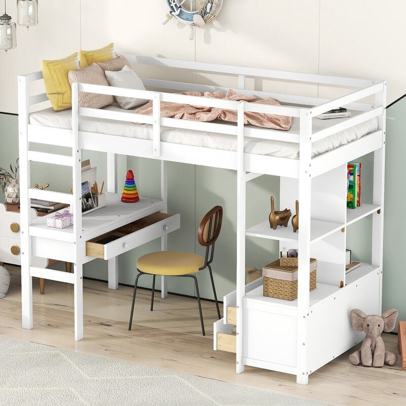 Lit mezzanine pour enfants 90x200cm,lit mezzanine 1 place,lit pour adolescents,lit superposé,avec tiroir de rangement et bureau sous lit, Blanc