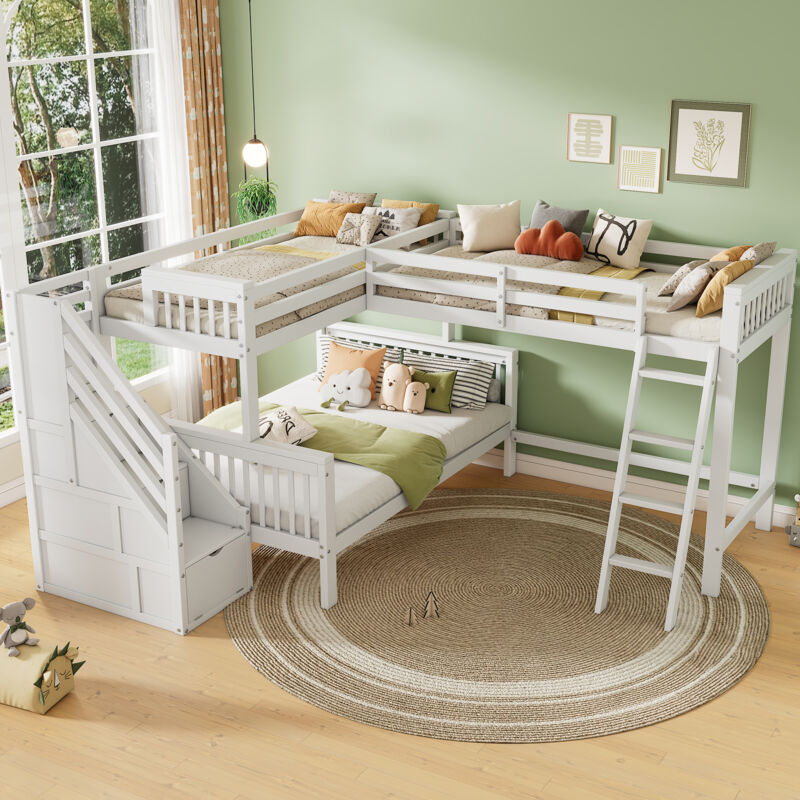 Redom - Lit mezzanine pour enfants, trois enfants peuvent dormir dans le lit pour enfants, en bois de pin, lit pour enfants multifonctionnel, lit