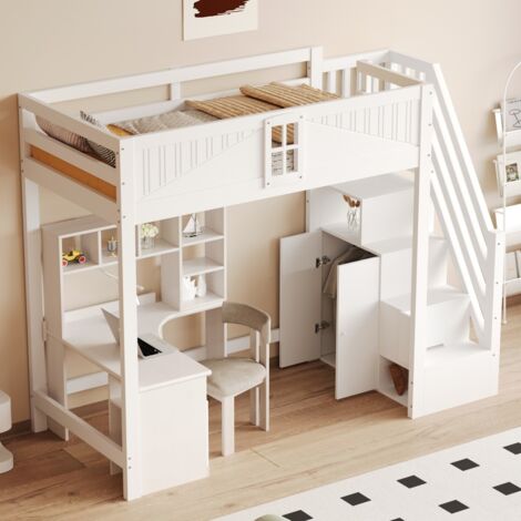 Lit mezzanine sécurisé 90x200, porte avec fenêtre, structure en bois massif et échelle réversible. Multifonction, blanc (sans Matelas)