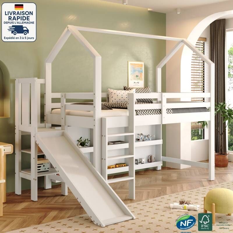 Lit mezzanine simple pour enfant 90x200cm avec toboggan, rangement ouvert, bois + MDF, sans matelas, blanc