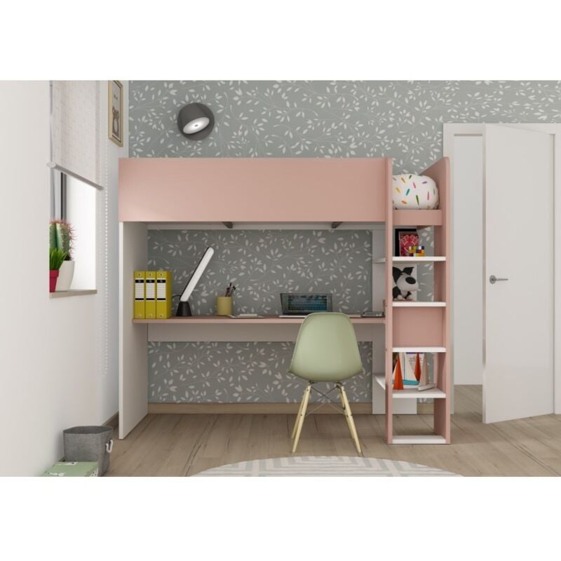Lit mezzanine pour enfants rose antique et blanc avec bureau - Florida