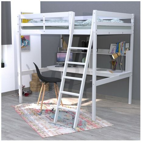 LE QUAI DES AFFAIRES Lit mezzanine STUDIO 140x190 + 1 sommier + bureau + étagère / Blanc/ 201x197x191