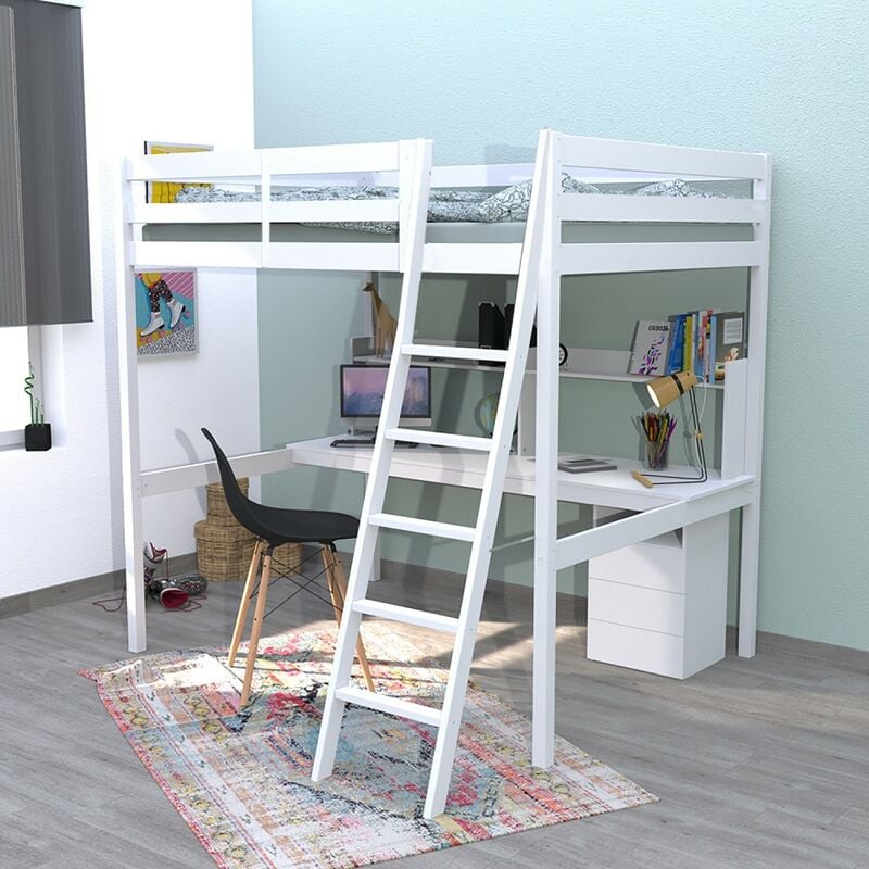 Lit mezzanine studio 140x190 + 1 sommier + caisson 3 tiroirs + bureau + étagère / Blanc/ 201x197x191 cm