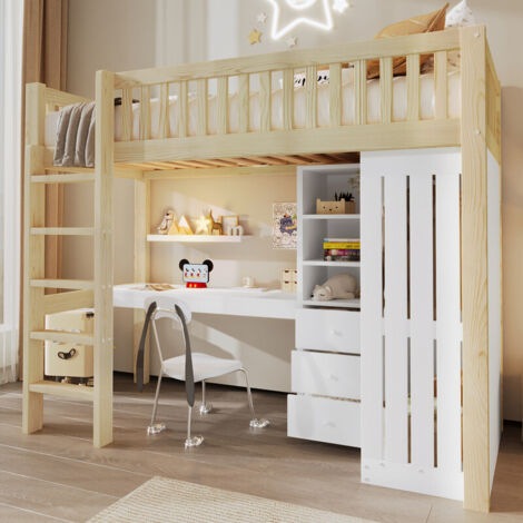 Lit mezzanine superposé 140x200 cm avec bureau, armoire, 3 tiroirs, rangements ouverts, garde-corps, échelle, bois – idéal chambre enfant– BATDTECH