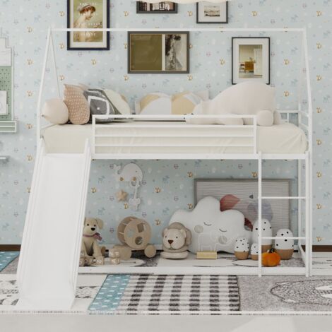 Lit Mezzanine Superposé Jumeaux-Modèle Maison-Avec Échelle et Toboggan-Facile à Monter-Sans Matelas-194x185x176,5cm