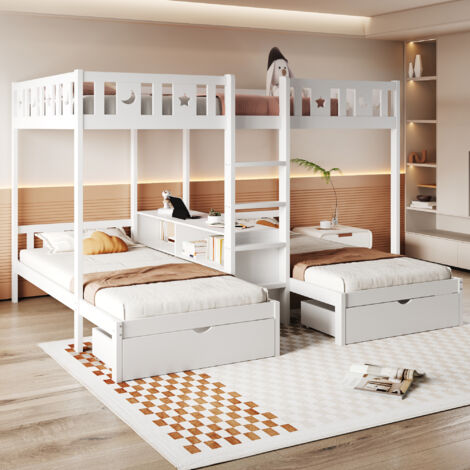 Lit mezzanine triple place bois massif blanc,échelle,rangement et 2 tiroirs. Lit haut 140×200cm,lit bas 90×200cm avec rampe de sécurité.
