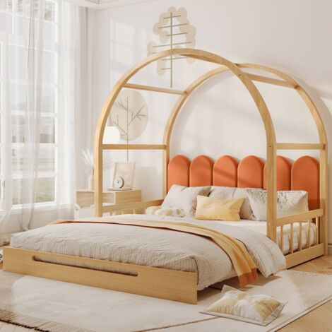 Lit mezzanine voûté extensible  lit enfant, lit de repos, lit double Passe de 140x100 à 140x200cm Velours et pin naturel et orange(sans Matelas)