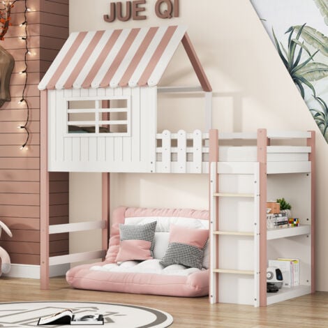 SUNFECILI lit mezzanine,lit mezzanine 1 place,lit mi hauteur,lit enfant 90x200,orme de lit avec tapis de sécurité et tapis multifonctions, pari en bois massif avec lattenrost,rose