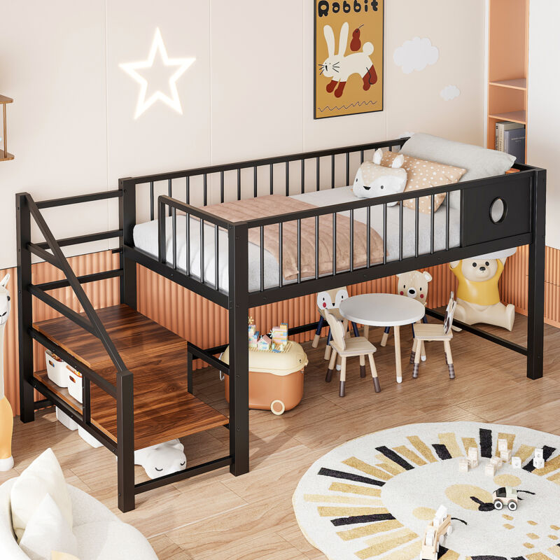 Lit mi-haut enfant 90x200 cm avec échelle de rangement, structure stable, métal noir