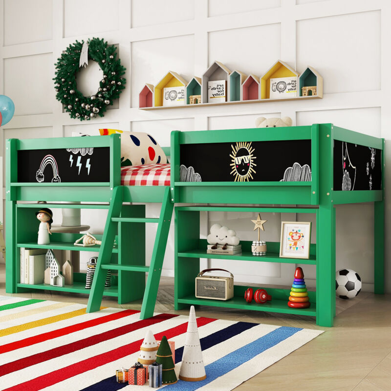 Lit mi-hauteur, 90200cm, plusieurs étagères de rangement, balustrade, échelle, bois de pin, sans matelas, style minimaliste, vert