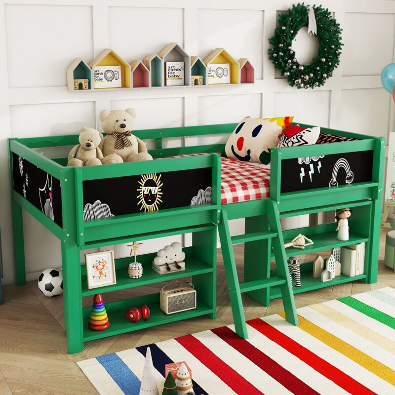 Okwish - Lit mi-hauteur, 90x200 cm lit simple d'enfant avec multiples rangements, garde-corps et échelle, en bois de pin, vert, sans matelas