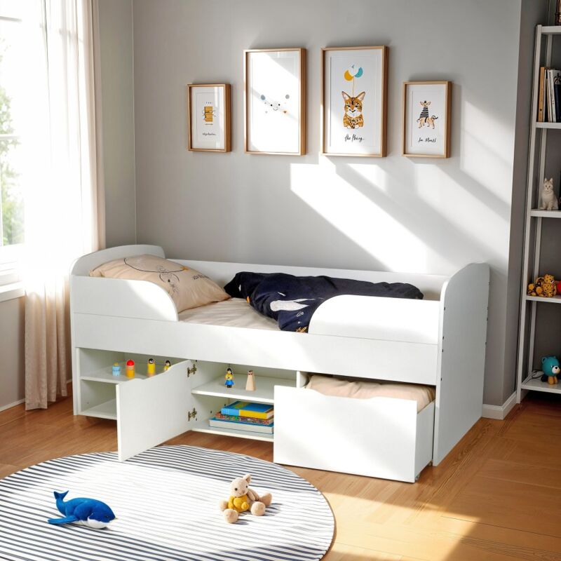 Le Quai Des Affaires - Lit mi-hauteur 90x190 cm elio avec sommier et rangements / Blanc/ 194.5 x 94 x 85 cm