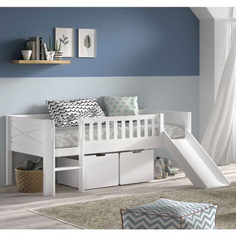 Lit mi-hauteur 90x200 cm avec toboggan et 2 tiroirs blanc - NIFTY