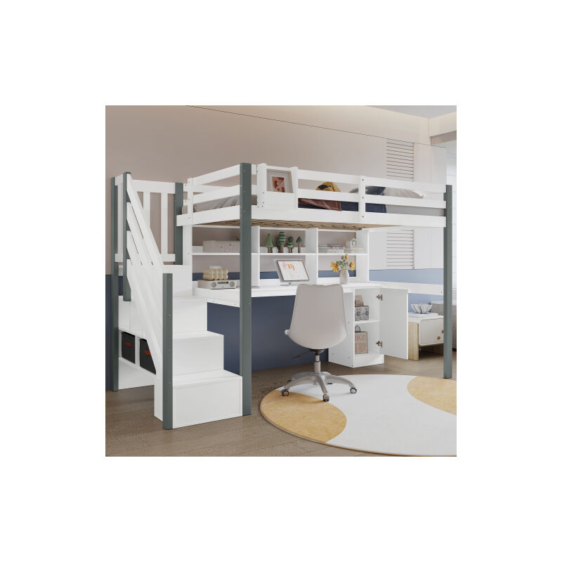 Lit mi-hauteur 90x200 cm lit mezzanine, lit simple enfnat avec coffre de rangement, échelle, étagère et bureau et casiers, en pin+MDF, blanc+gris,