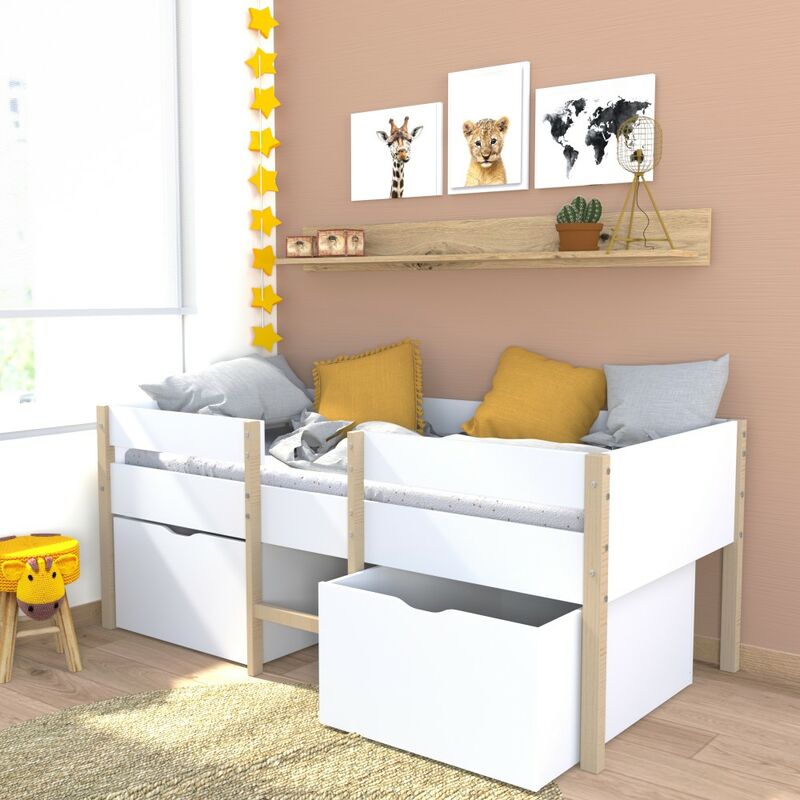 Lit mi-hauteur zephir 90x200 + 2 grands tiroirs + sommier / Blanc & vernis naturel/ 209x100x81 cm