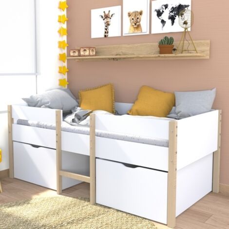 Lit mi-hauteur enfant 90x190 cm – 2 tiroirs sur roulettes – Panneau de particules et épicéa massif – Échelle incluse – Weber Industries