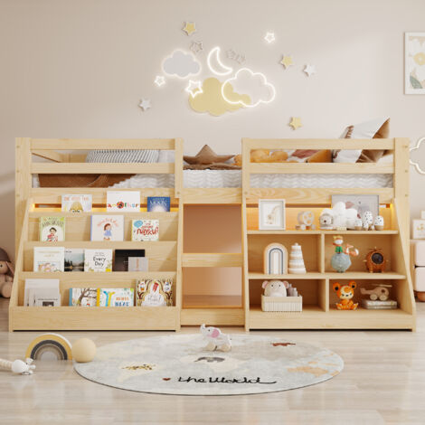 Lit mi-hauteur enfant 90x200 cm avec LED, rangements, barrières et échelle, bois de pin, sans matelas, naturel