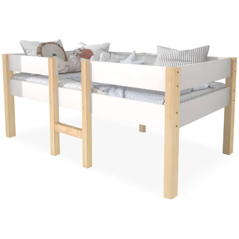 Lit mi-hauteur enfant en bois massif blanc 90x190 cm avec barrière anti-chute et sommier à lattes